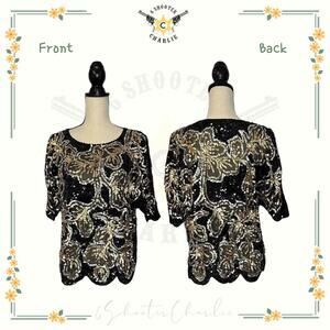 Vintage Iris Floral Sequin Beaded Black Gold Shirt Sleeve Silk Blouse Size Large